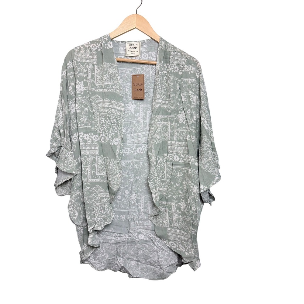 Style Rack Sage Green Bandana Floral Kimono Cardigan ST311418 Small NWT